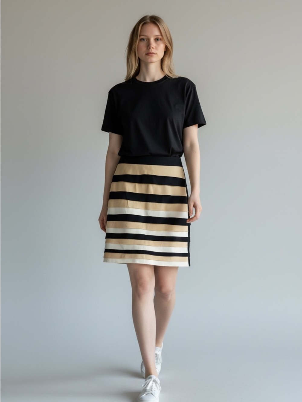 White House Black Market Black and Cream Striped A-Line Skirt